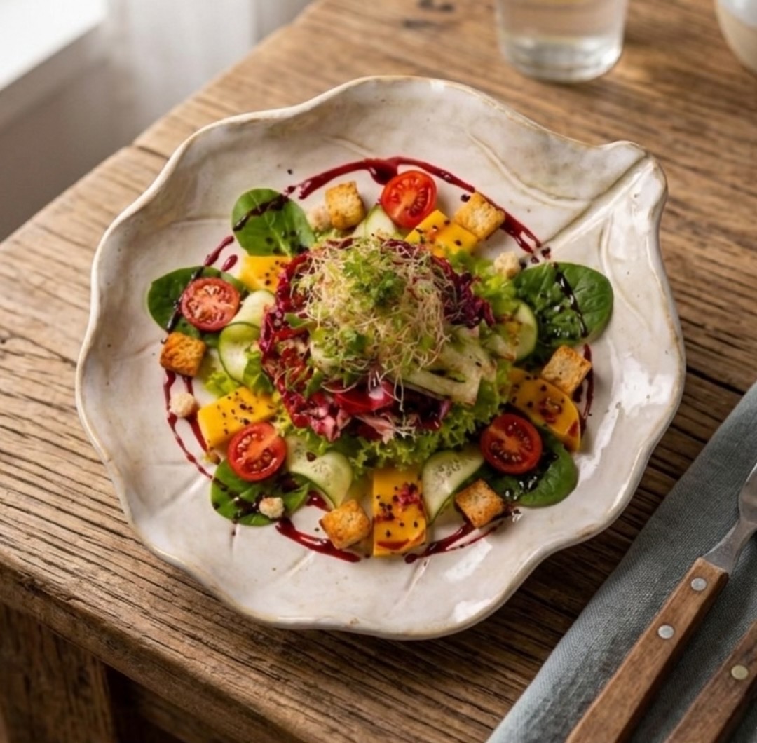 Salade Fraîcheur Mangue, Concombre & Réduction de Vin Rouge