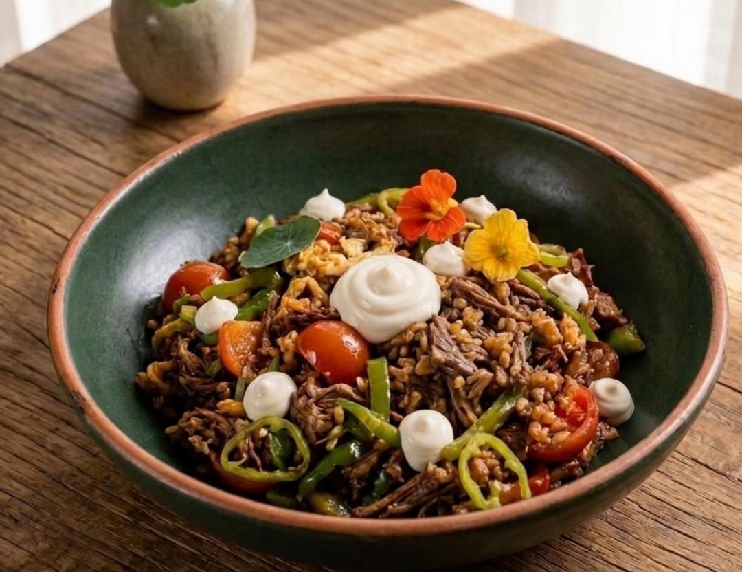 Duck Confit Rice Bowl with Cherry Tomatoes & Garlic Emulsion