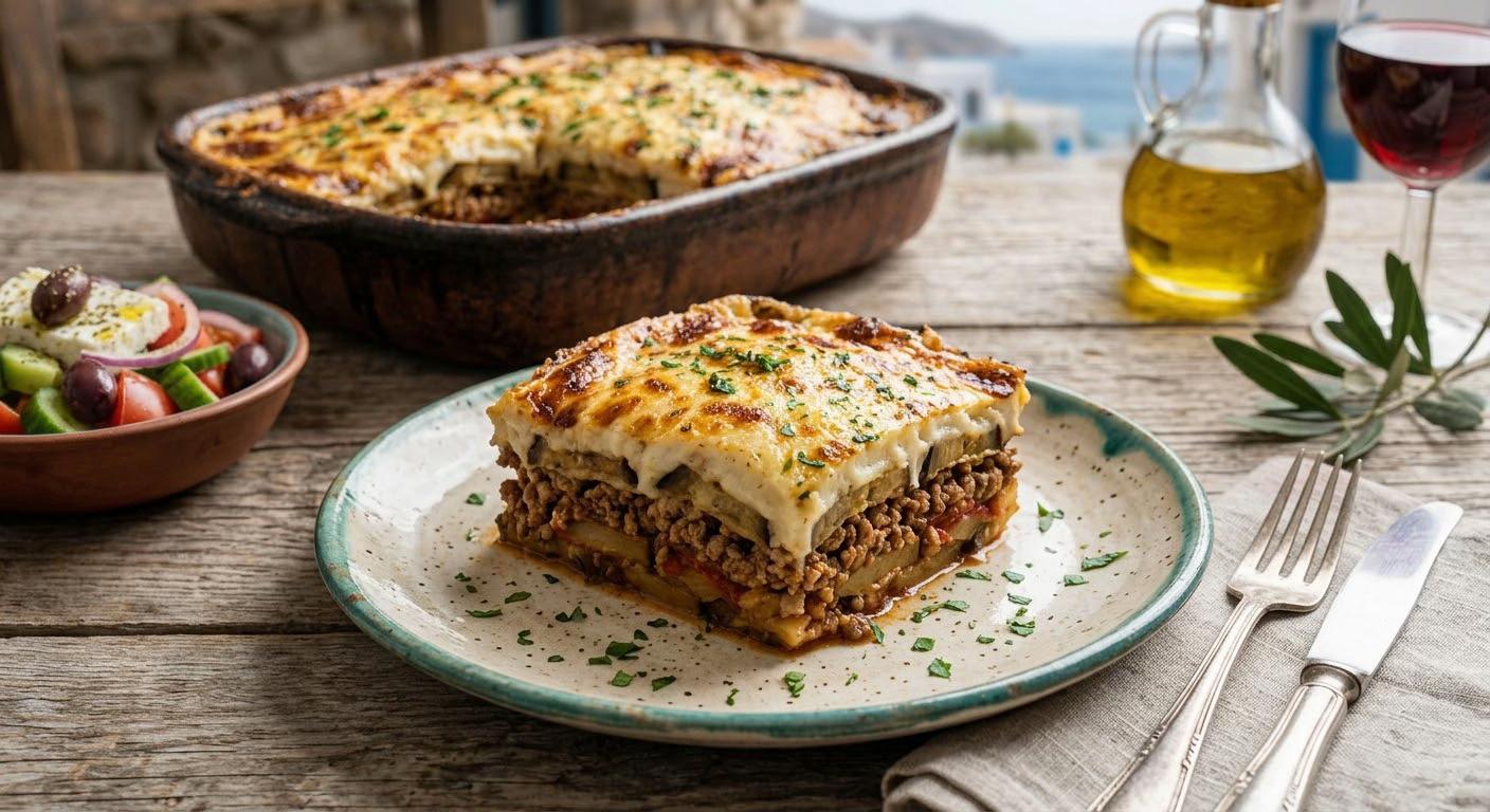 Moussaka Grecque Gratinée à l'Agneau et Béchamel Dorée